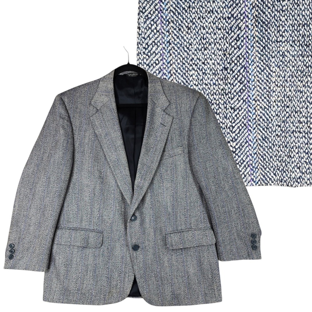 Vtg Botany 500 Blazer 42R Men Gray Blue‎ Herringbone Single Breast USA Grandpa